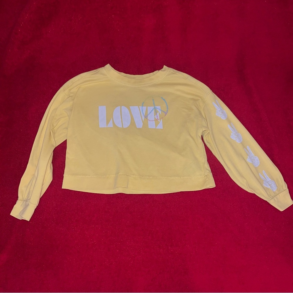 Girls Old Navy Size 6/7 Small Yellow Love Peace Sign Long Sleeve Shirt